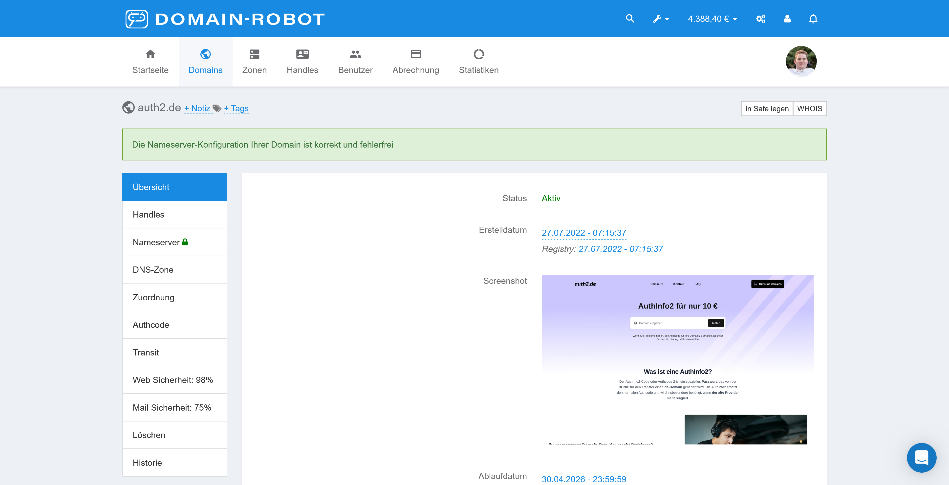 Domain-Verwaltung für auth2.de